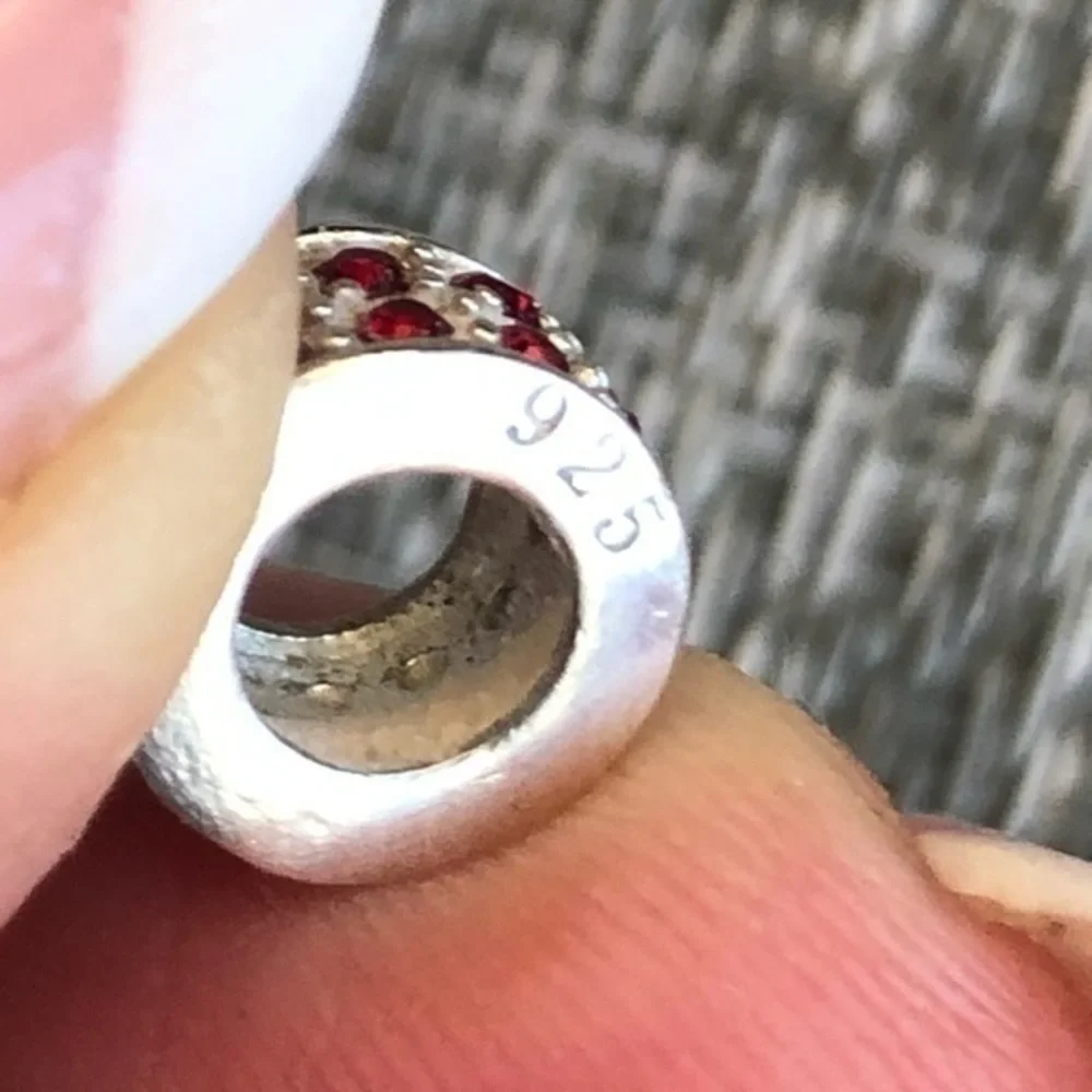Silver 925 stamped charm for Pandora bracelet with red and white crystals